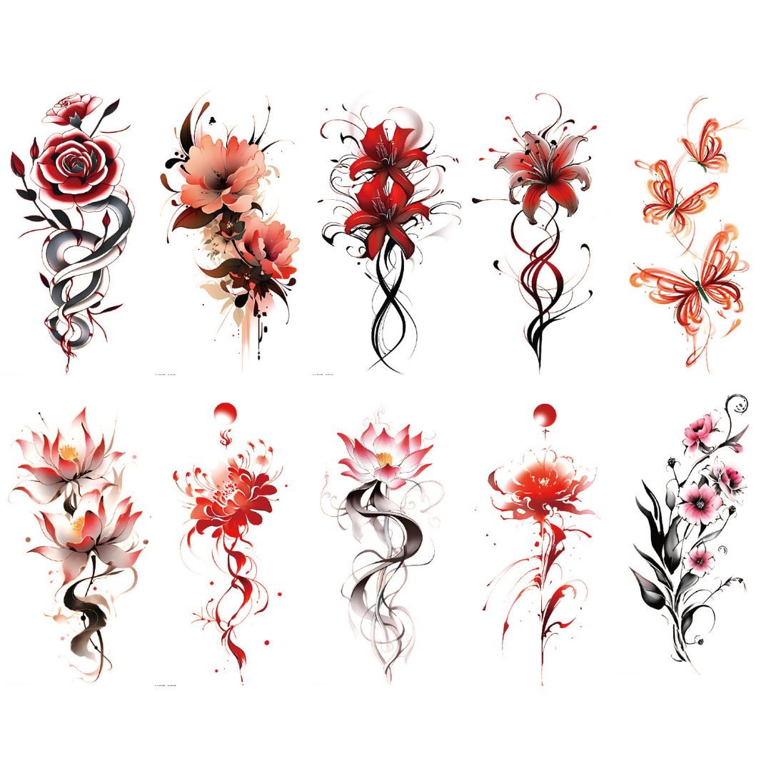 10 Sheet Flower Red Painting Extra Large Temporary Tattoos Last 1-3 Days