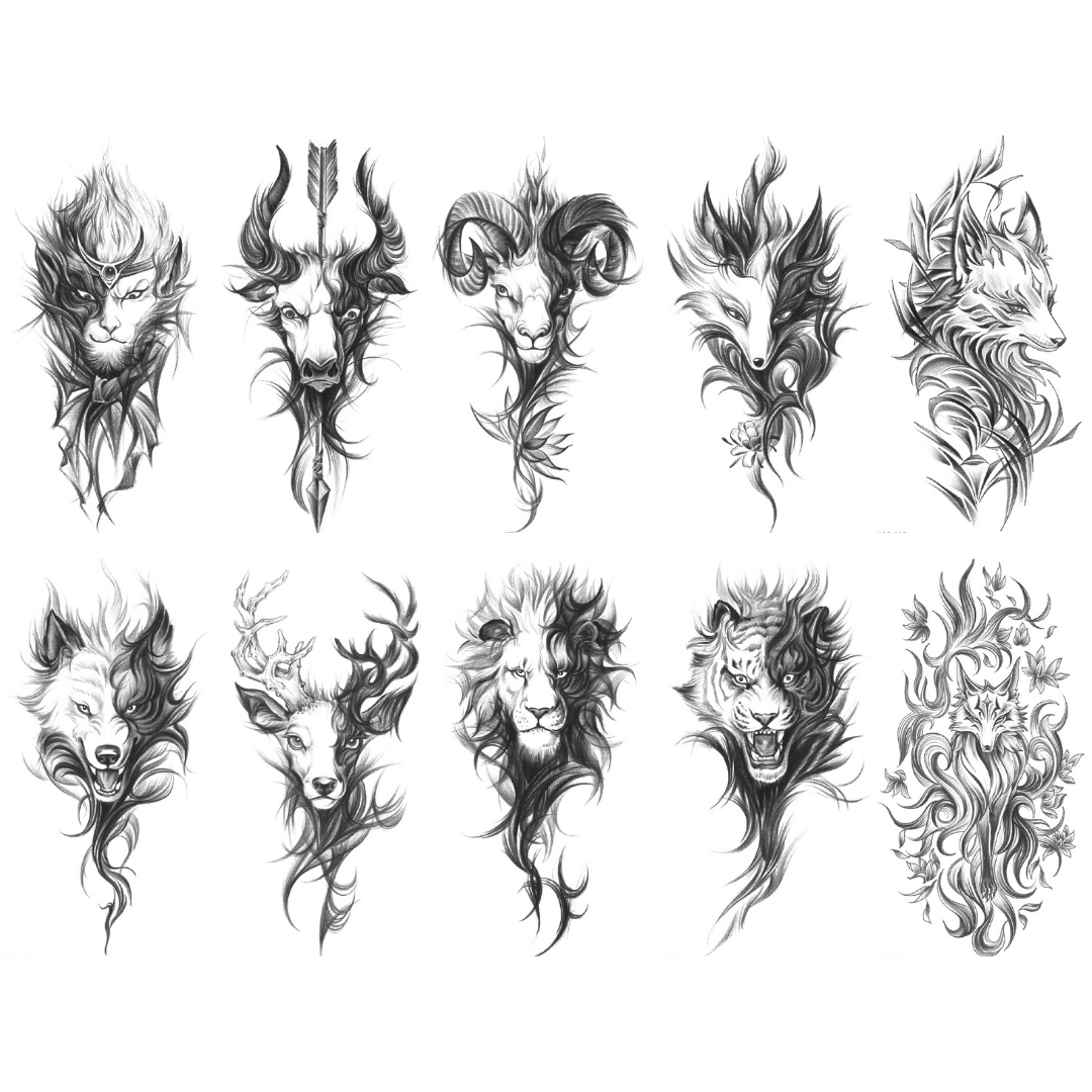10 Sheet Monkey King Cow Goat Fox Schetch Drawing Extra Large Temporary Tattoos Last 1-3 Days