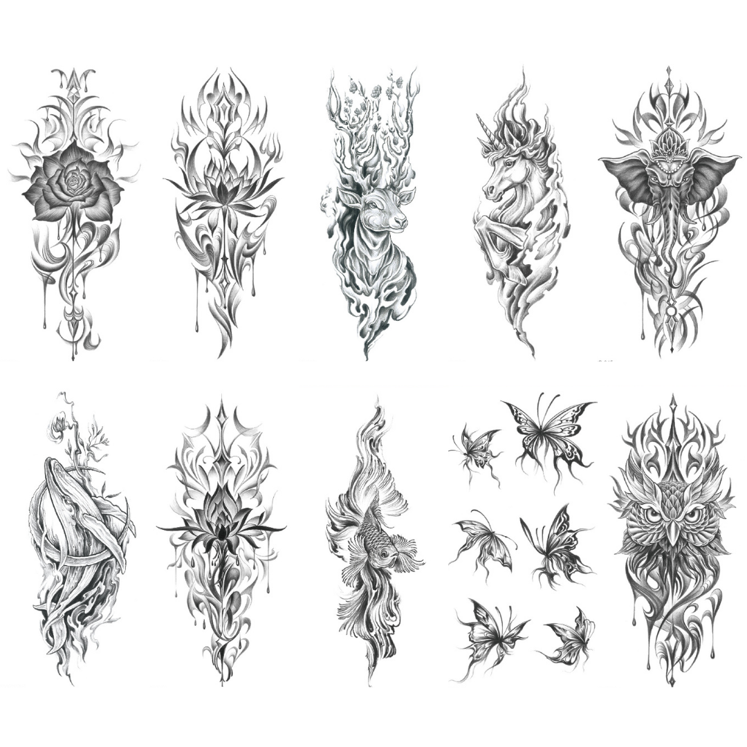10 Sheet Rose Deer Unicorn Elephant Whale Fish Owl Schetch Drawing Extra Large Temporary Tattoos Last 1-3 Days