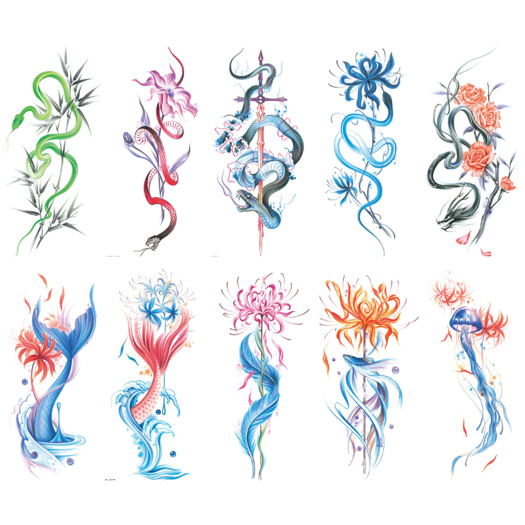 10 Sheet Snake Different Color Extra Large Temporary Tattoos Last 1-3 Days