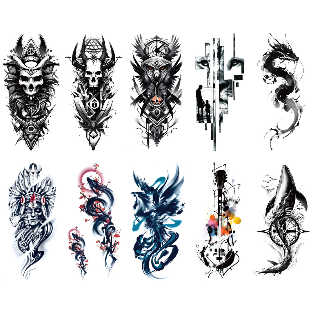 10 Sheet Skull Owl Indian Dragon Guitar Whale Extra Large Temporary Tattoos Last 1-3 Days