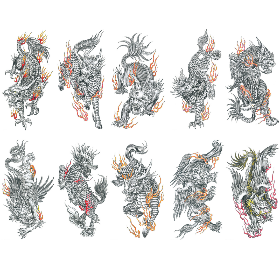 10 Sheet Sketch Chinese Dragon Flame Myth Extra Large Temporary Tattoos Last 1-3 Days