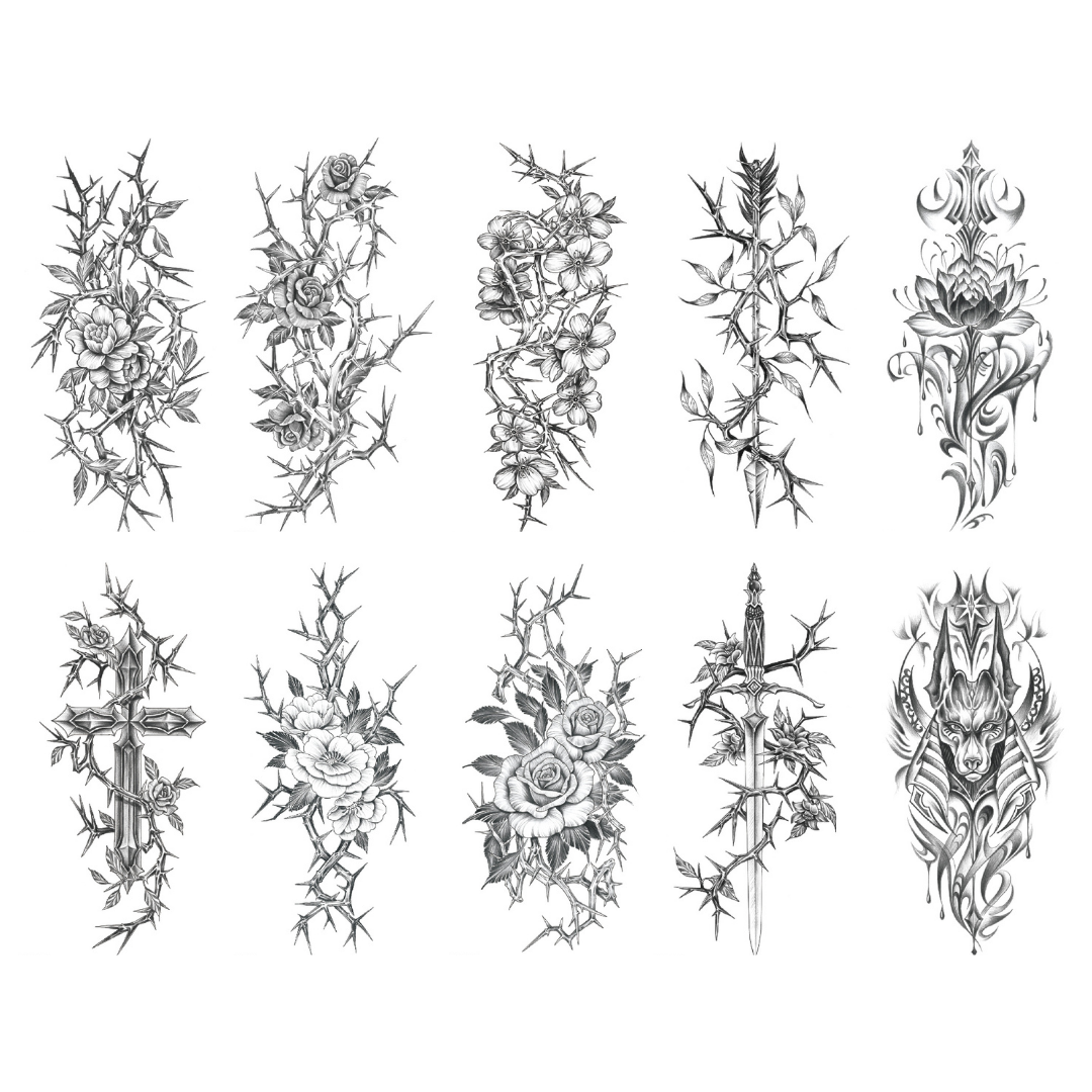 10 Sheet Sketch Branches Flower Sword Arrow Extra Large Temporary Tattoos Last 1-3 Days