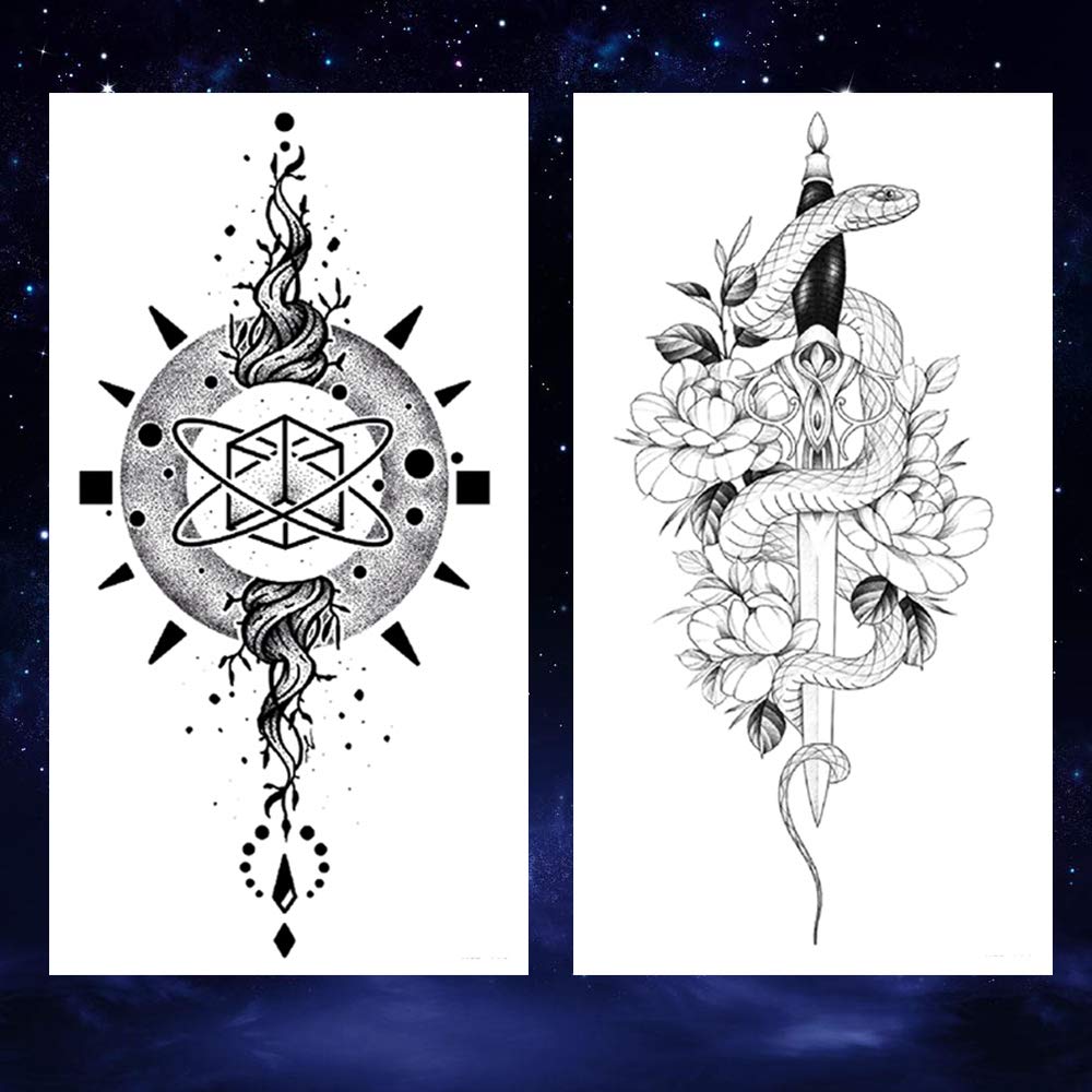 2 Sheets Black Arrow Compass Feather Dragon Anchor Sword Snake Tree Flower Temporary Tattoos for Arm