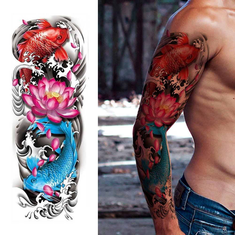 4 Sheets Chinese Style Fish Dragon Full Arm Temporary Tattoo Sleeves