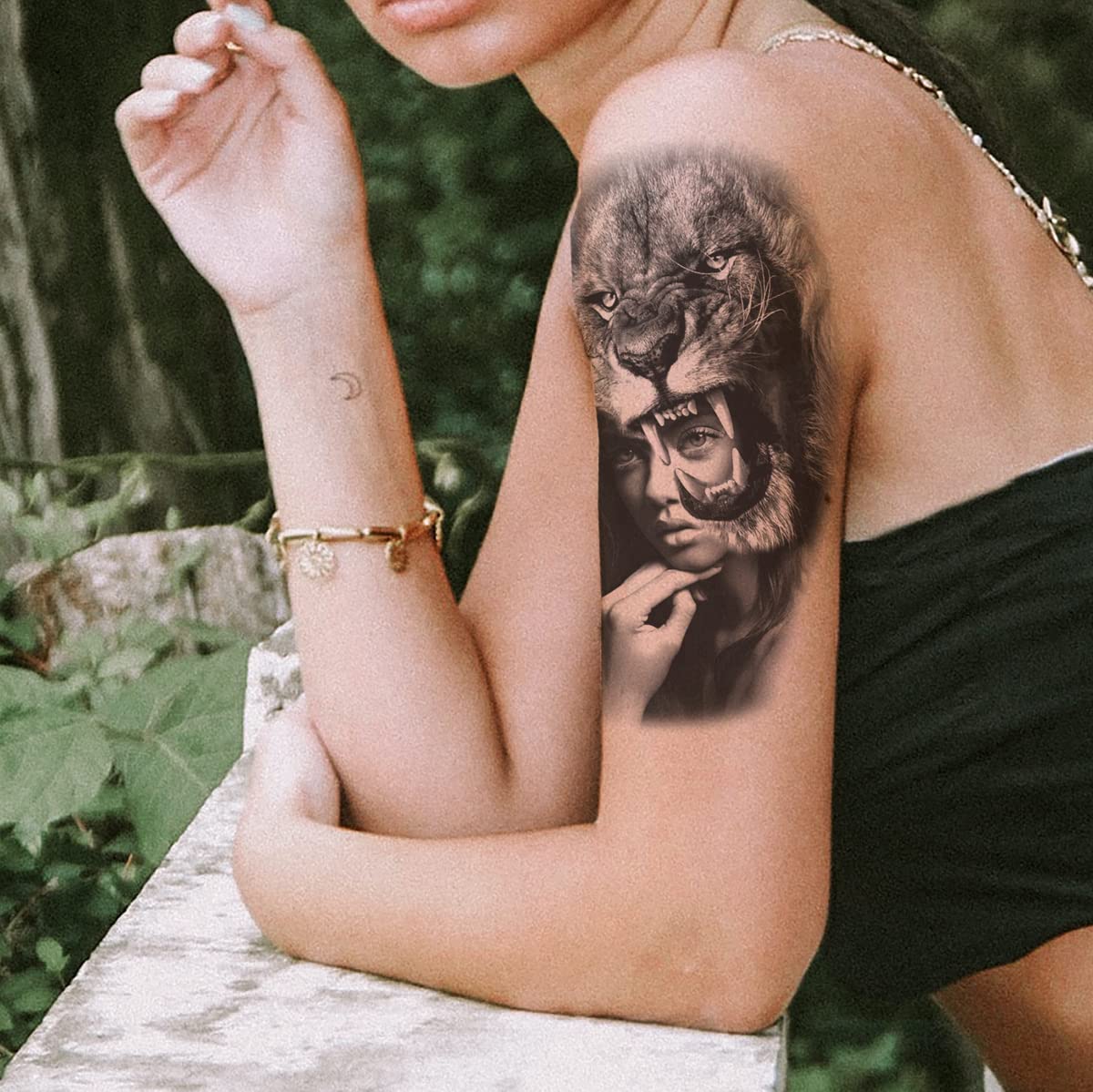 2 Sheets Waterproof Arm Leg Fake Temporary Tattoo - Lion Family Roar Crown Eye Flower Lady