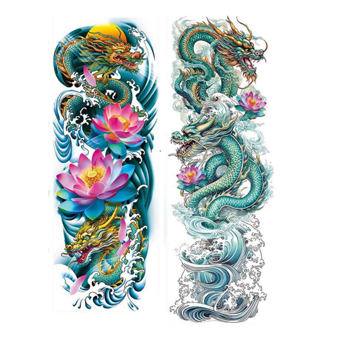 2 Sheets Chinese Style Fish Dragon Full Arm Temporary Tattoo Sleeves