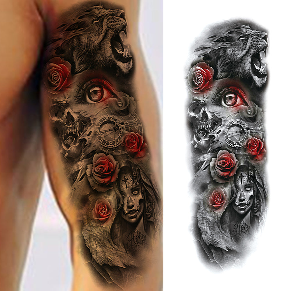 2 Sheets Lion Compass Tiger Full Arm Sleeves