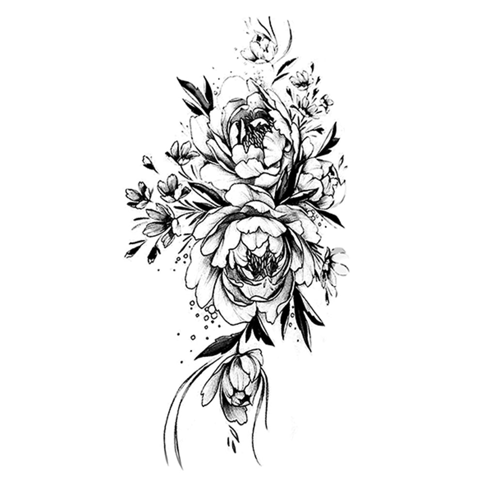 4 Sheets Black Penoy flower Sketch Temporary Tattoo Sticker