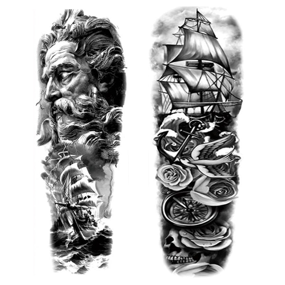 2 Sheets Viking Sail Full Arm Sleeves Temporary Tattoos