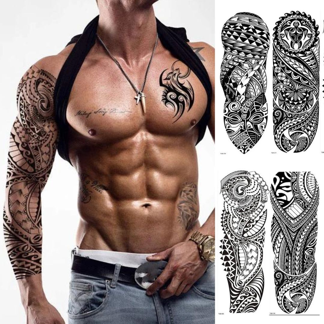 2 Sheets Full Arm Maori Totem Sleeve Black Cool 170mm * 480mm Waterproof Temporary Tattoo
