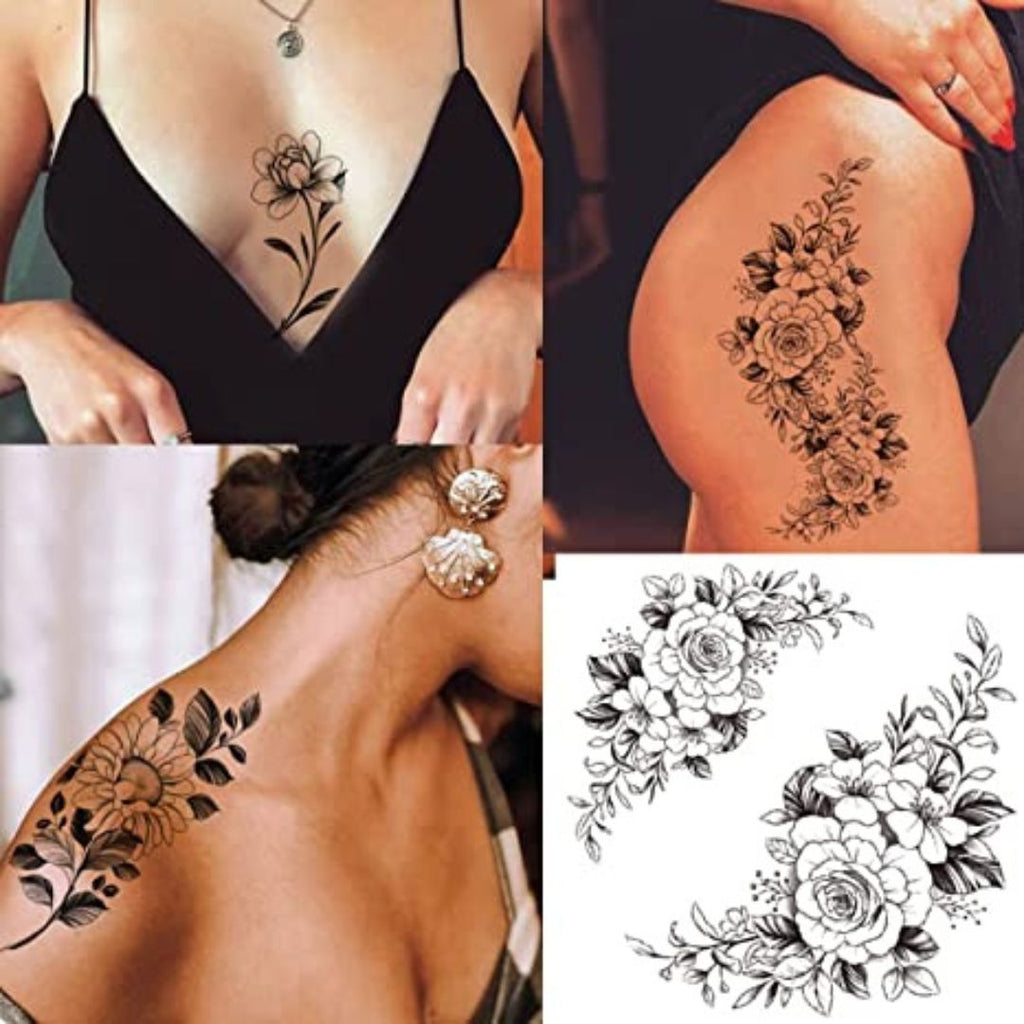 10 Sheets Black Flower Extra Large Temporary Tattoo