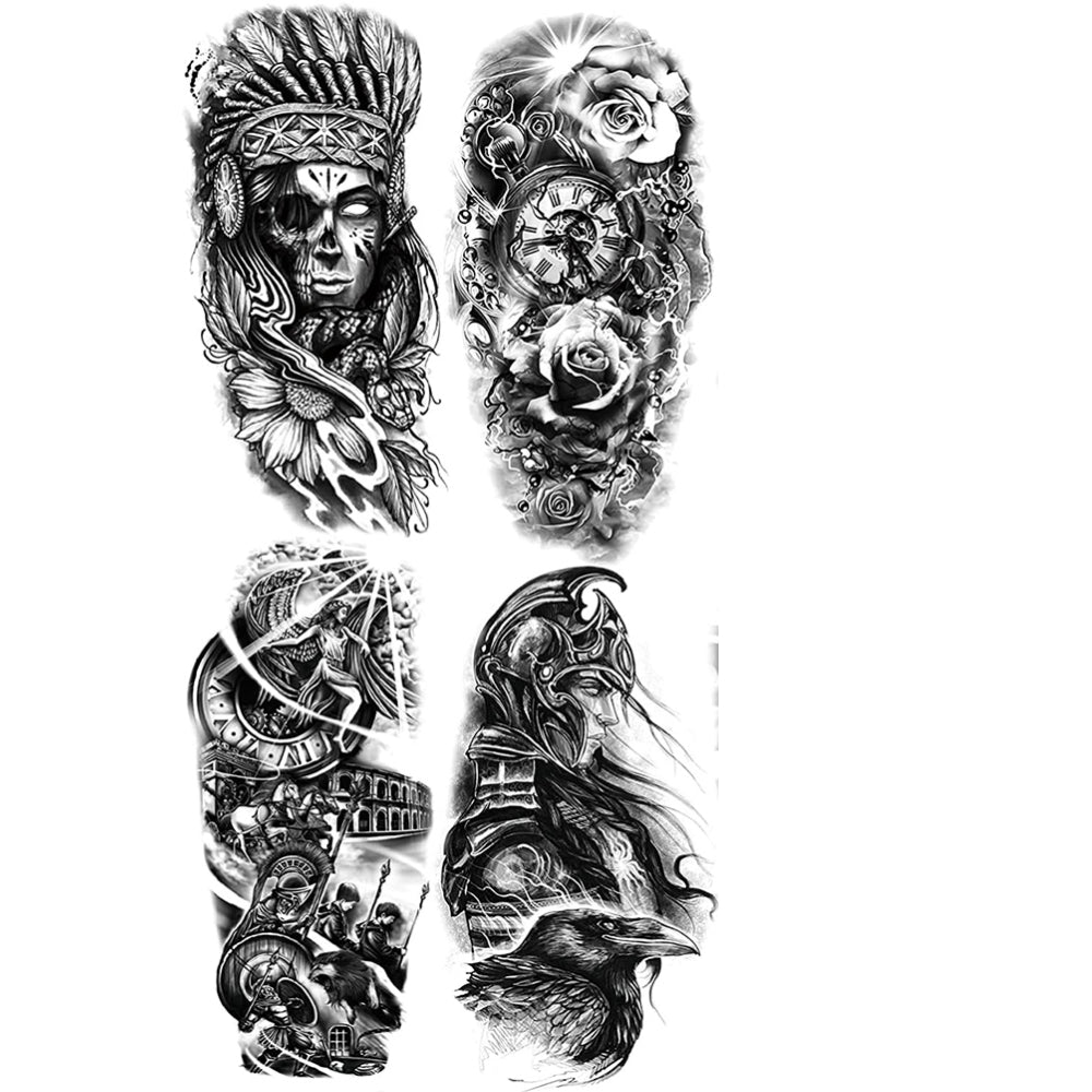 4 Sheets Waterproof Arm Leg Fake Temporary Tattoo - Indian Skull Snake Egypt Anubis Flower Compass Prajna Greek Myth Soldier