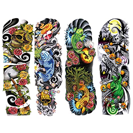2 Sheets Extra Large Full Arm Temporary Tattoos - Colorful Skull Ghost Pumkin Carp Koi Flower Tree Gun For Men