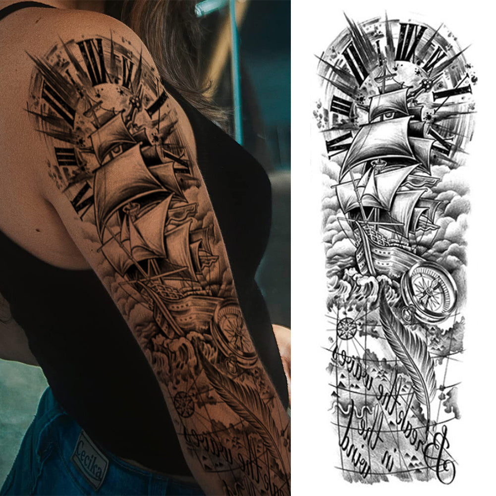 2 Sheets Viking Sail Full Arm Sleeves Temporary Tattoos