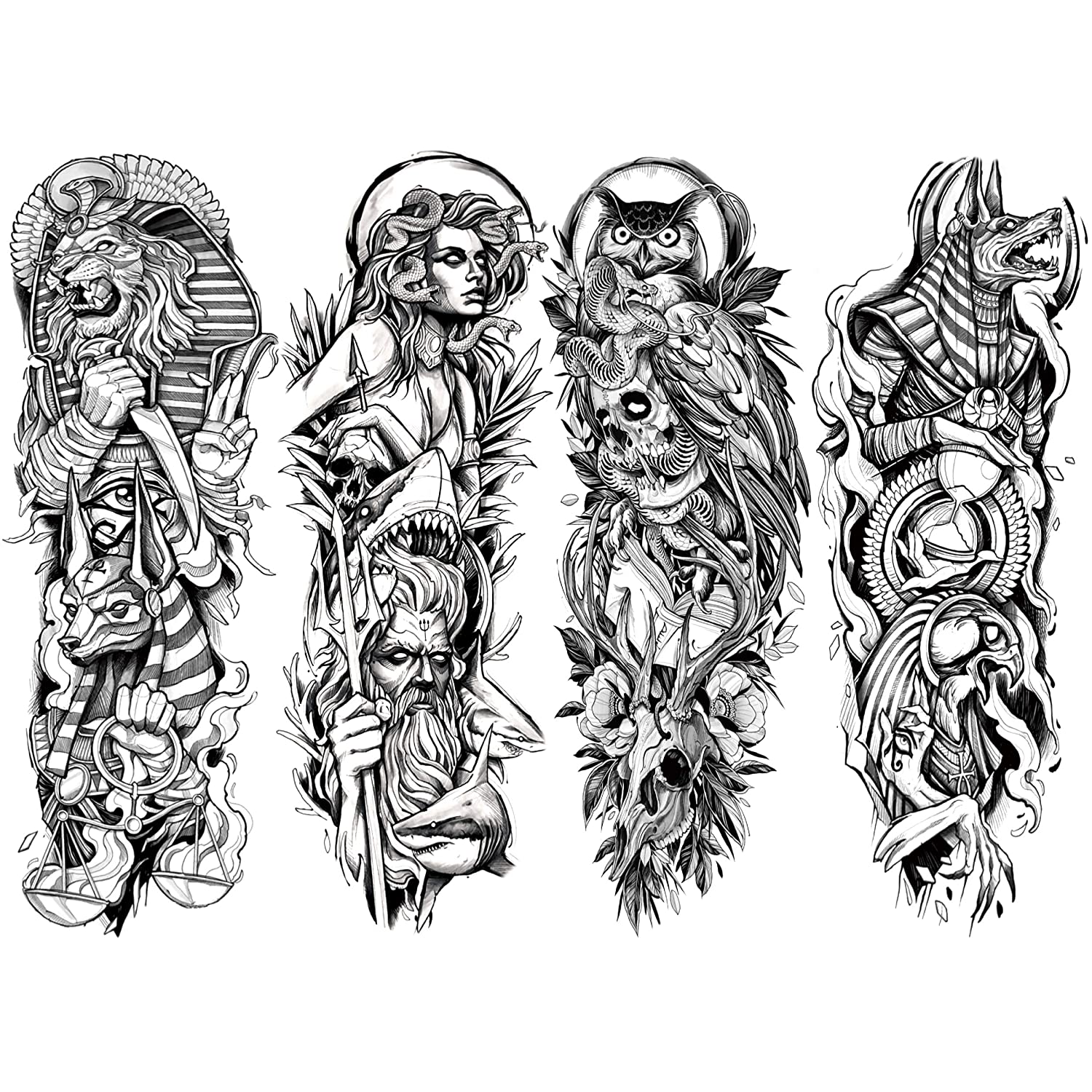 2 Sheets Full Arm Leg Extra Large Temporary Tattoos, Owl Snake Skull God Medusa Poseidon Anubis Horus Lion Eagle Egypt