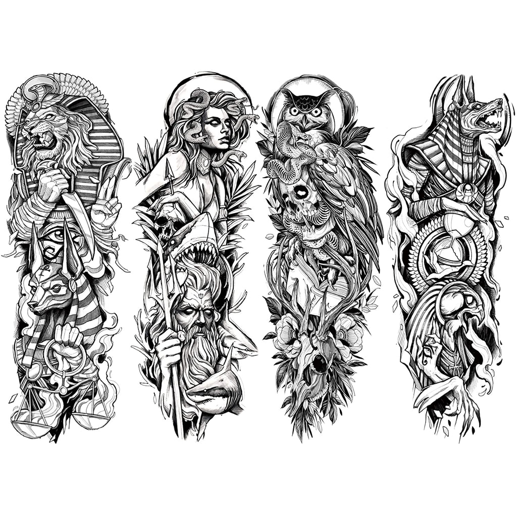 2 Sheets Full Arm Leg Extra Large Temporary Tattoos, Owl Snake Skull God Medusa Poseidon Anubis Horus Lion Eagle Egypt