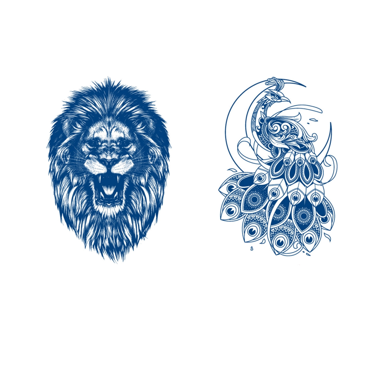 2 Sheets Semi Permanent Fake Waterproof Temporary Tattoos Stickers Long Lasts 1-2 Weeks, Animal Set Peacock Lion Koi Carp Tiger Owl Dragon Deep Blue