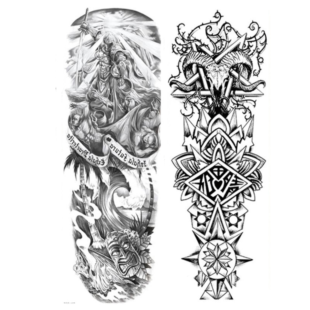 2 Sheets Viking Ship Totem Full Arm Sleeves Temporary Tattoos