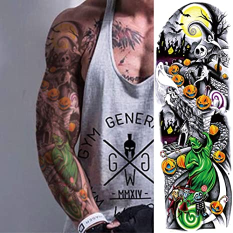 2 Sheets Extra Large Full Arm Temporary Tattoos - Colorful Skull Ghost Pumkin Carp Koi Flower Tree Gun For Men