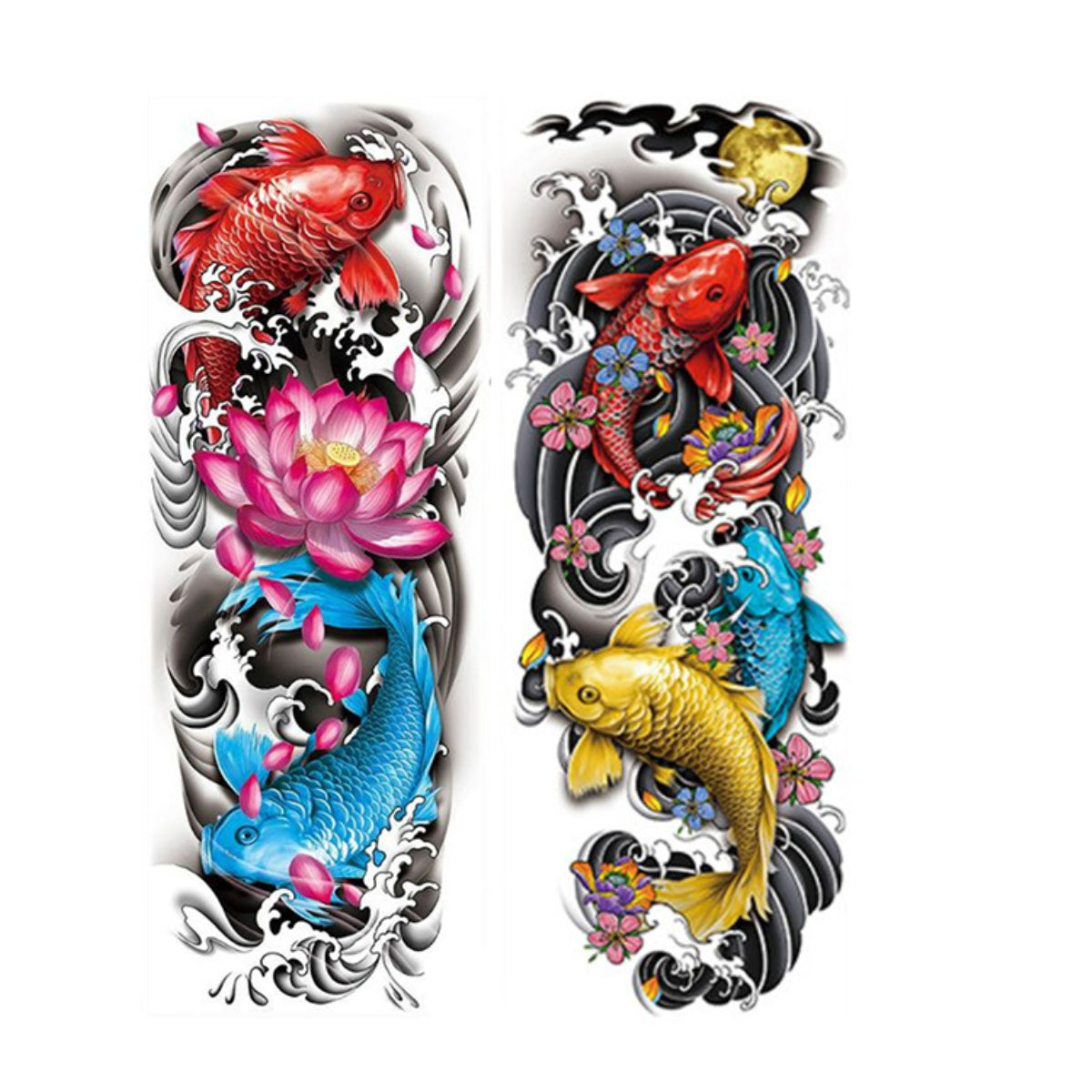 2 Sheets Chinese Style Fish Dragon Full Arm Temporary Tattoo Sleeves