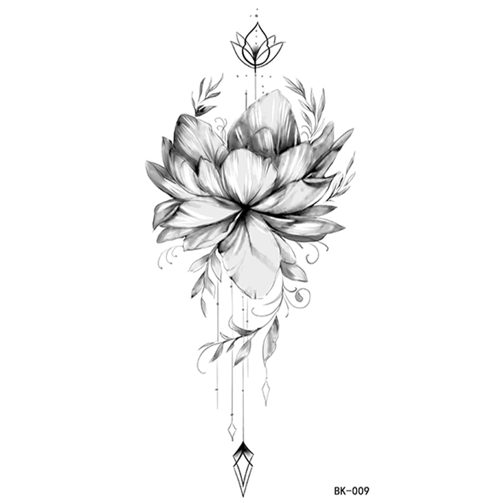 4 Sheets Black Penoy flower Sketch Temporary Tattoo Sticker