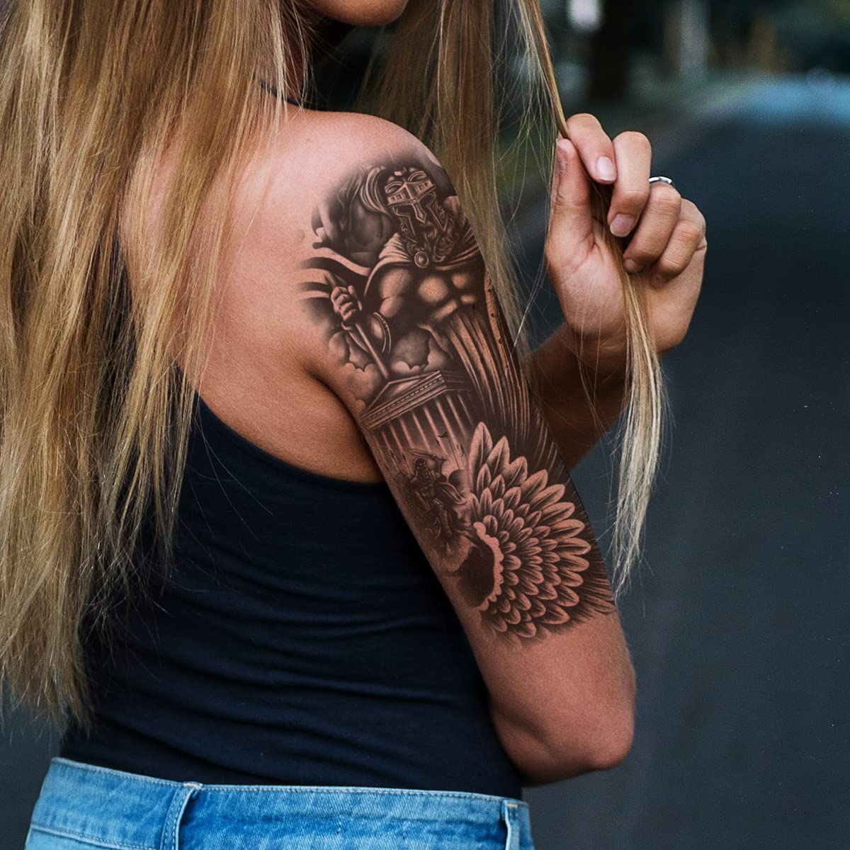 4 Sheets Waterproof Arm Leg Fake Temporary Tattoo - Indian Skull Snake Egypt Anubis Flower Compass Prajna Greek Myth Soldier