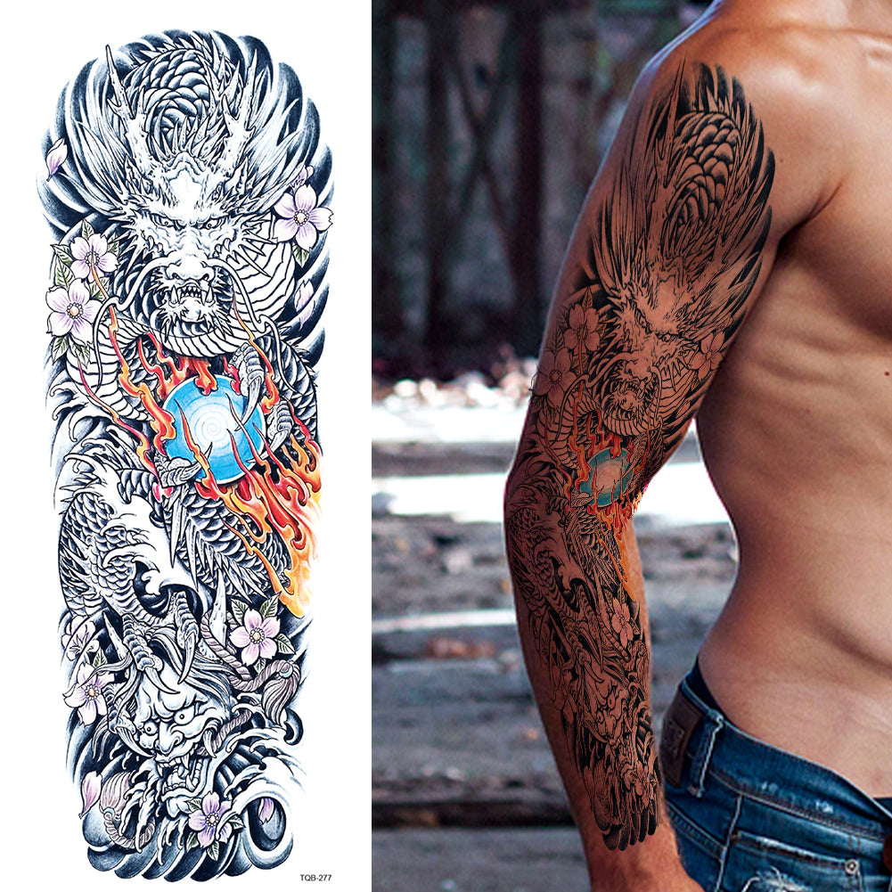 2 Sheets Flower Dragon Wave Japanese Style Full Arm Sleeves
