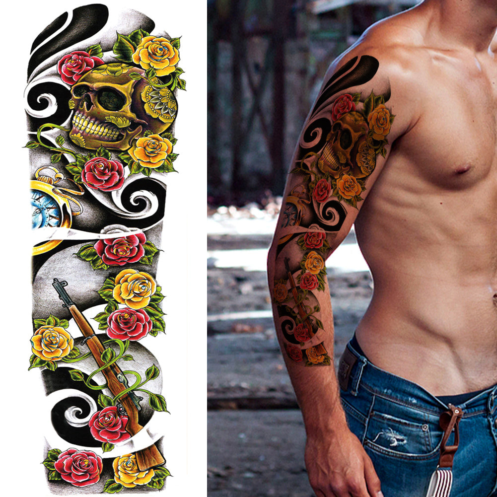 4 Sheets Skull Rose Flower Gun Full Arm Sleeves
