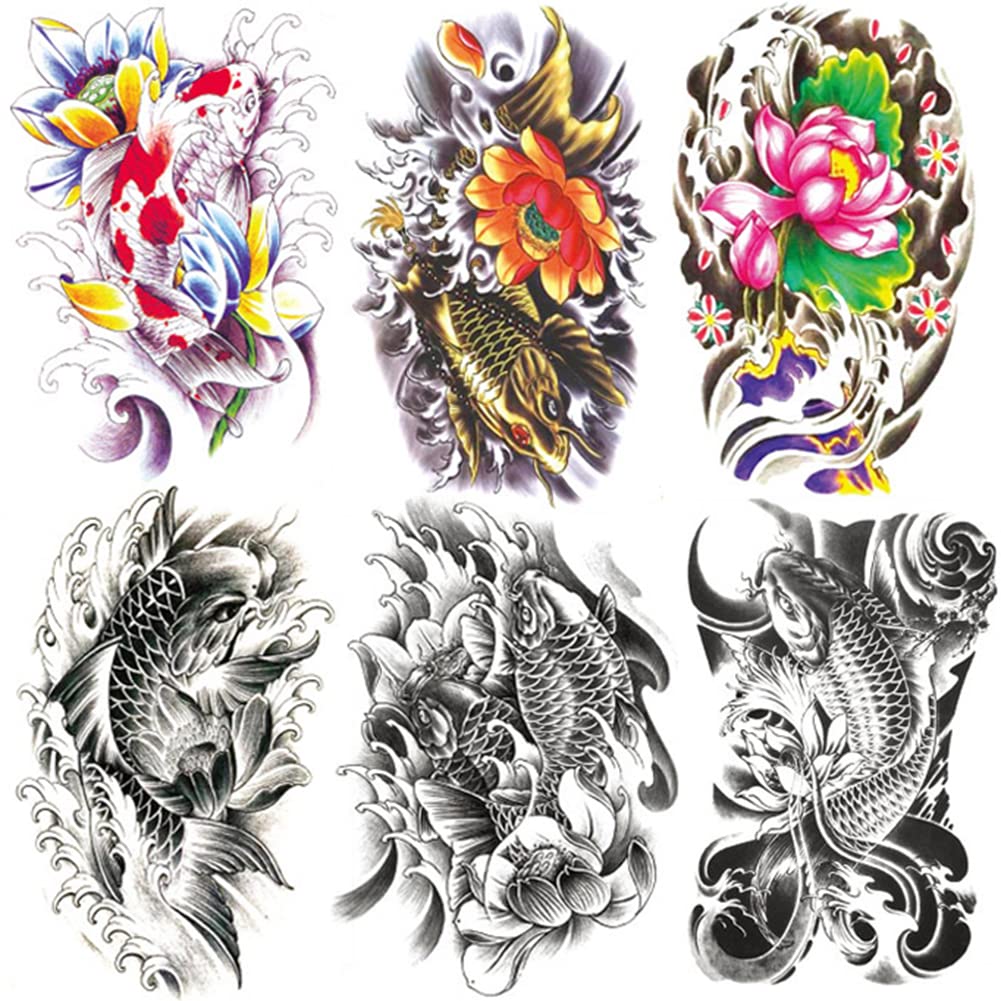 6 Sheets 21x15cm Old School Koi Carp Lucky Fish Arm Leg Fake Temporary Tattoos Stickers