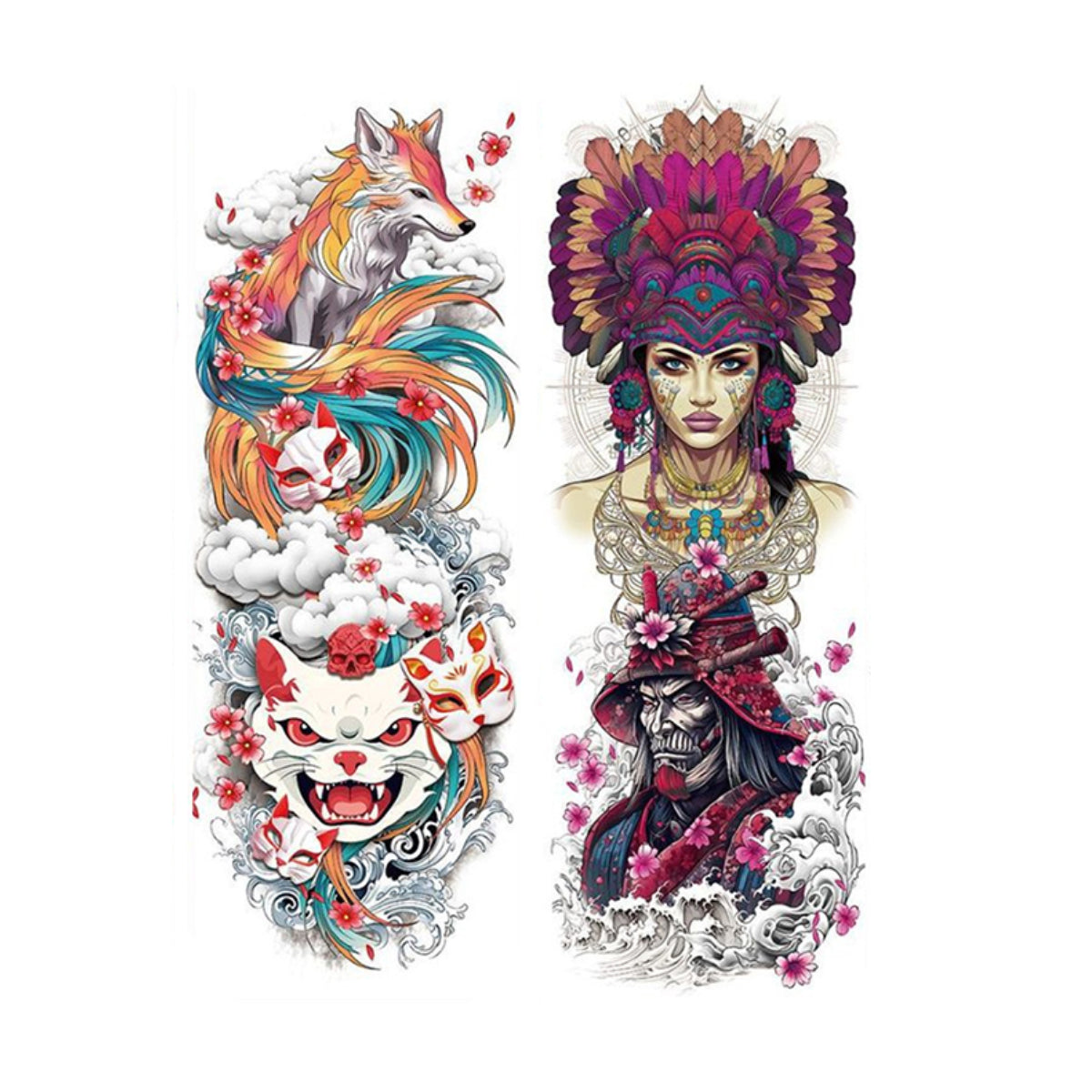 2 Sheets Watercolor Fish Fox Samurai Skull Full Arm Sleeves