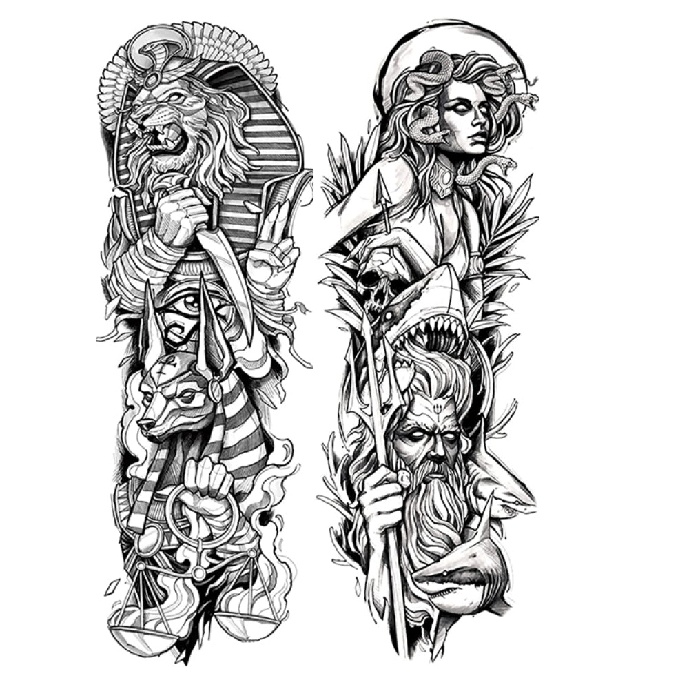 2 Sheets Full Arm Leg Extra Large Temporary Tattoos, Owl Snake Skull God Medusa Poseidon Anubis Horus Lion Eagle Egypt