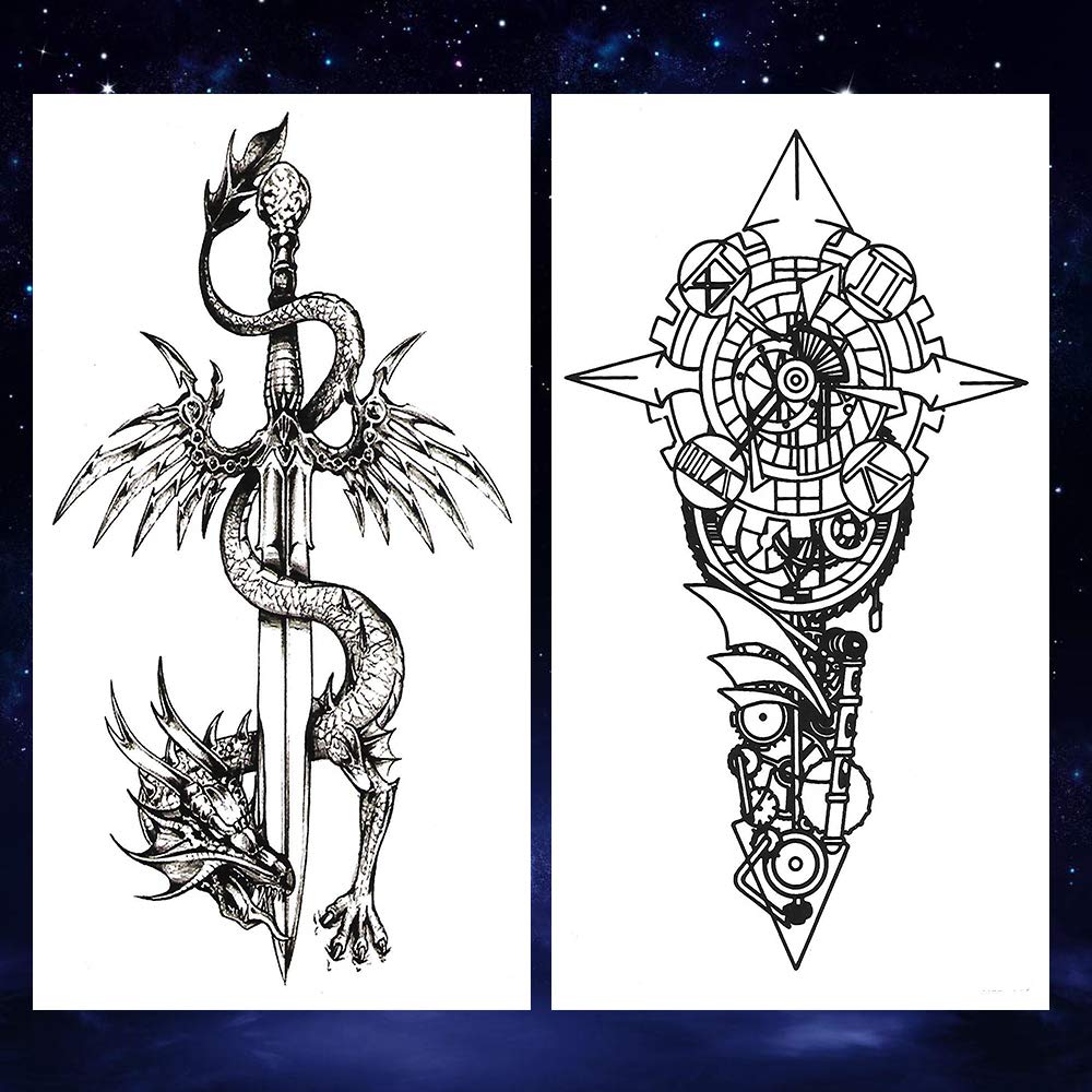 2 Sheets Black Arrow Compass Feather Dragon Anchor Sword Snake Tree Flower Temporary Tattoos for Arm