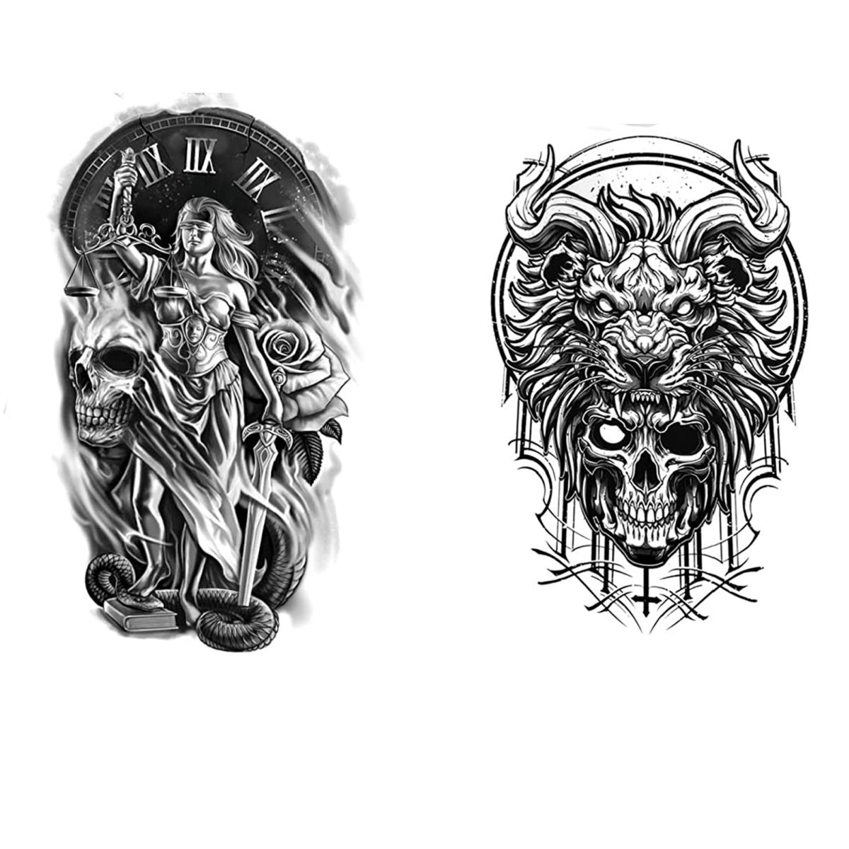 2 Sheets Large Arm Leg Temporary Tattoos - Black Totem Skull Owl Lion Clown Mars Goddess of War For Men and Women