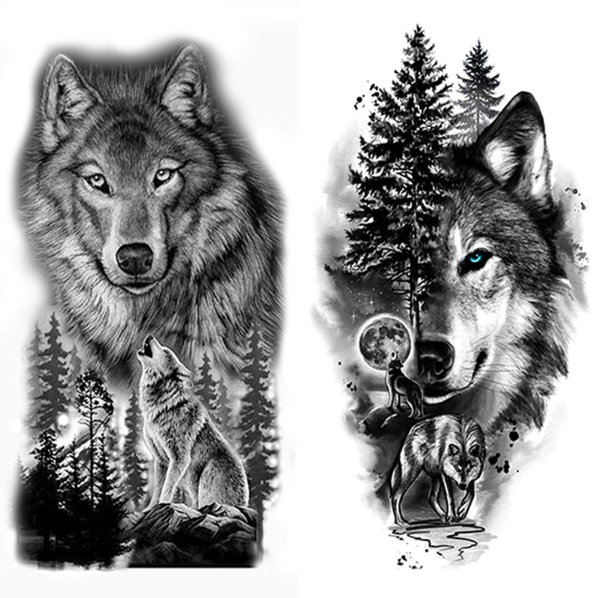 2 Sheets Black Wolf Flower Temporary Tattoo Sticker