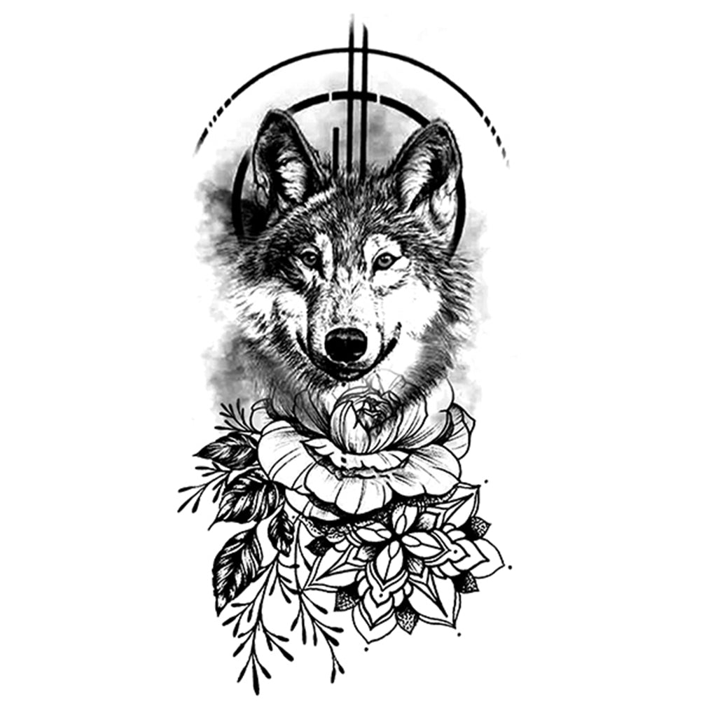2 Sheets Black Wolf Flower Temporary Tattoo Sticker