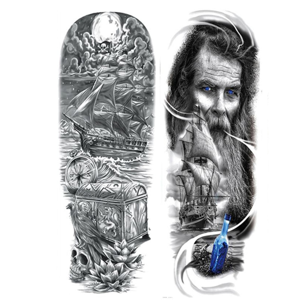 2 Sheets Viking Ship Totem Full Arm Sleeves Temporary Tattoos