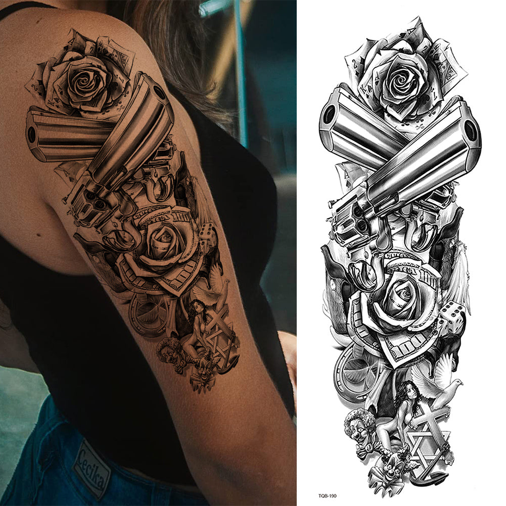 2 Sheets Skull Star Rose Gun Full Arm Sleeves