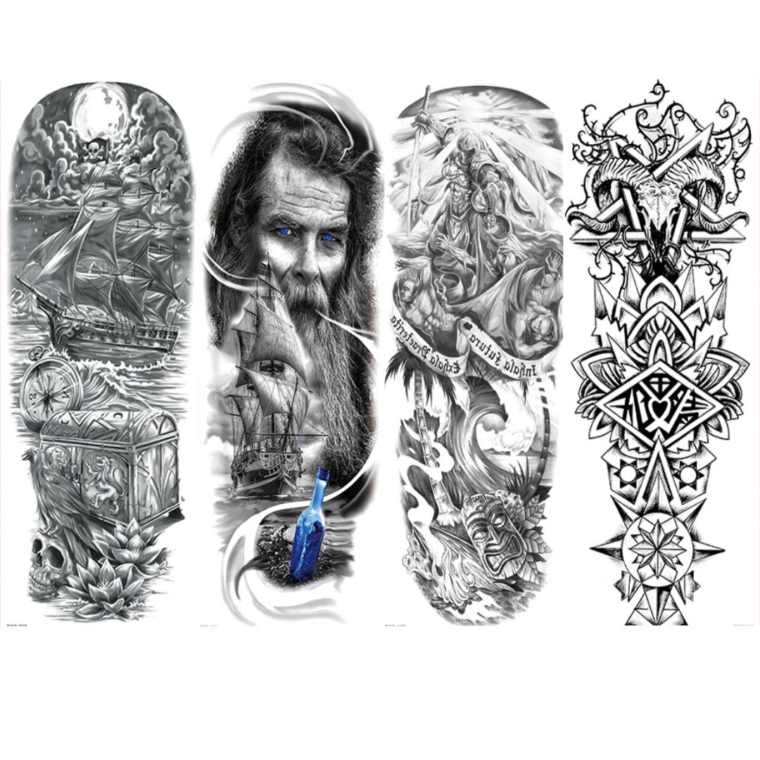2 Sheets Viking Ship Totem Full Arm Sleeves Temporary Tattoos