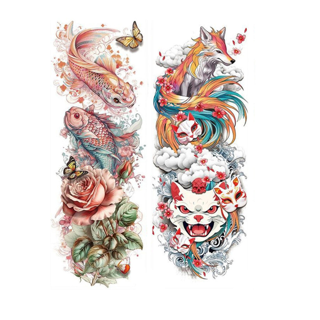 2 Sheets Watercolor Fish Fox Samurai Skull Full Arm Sleeves