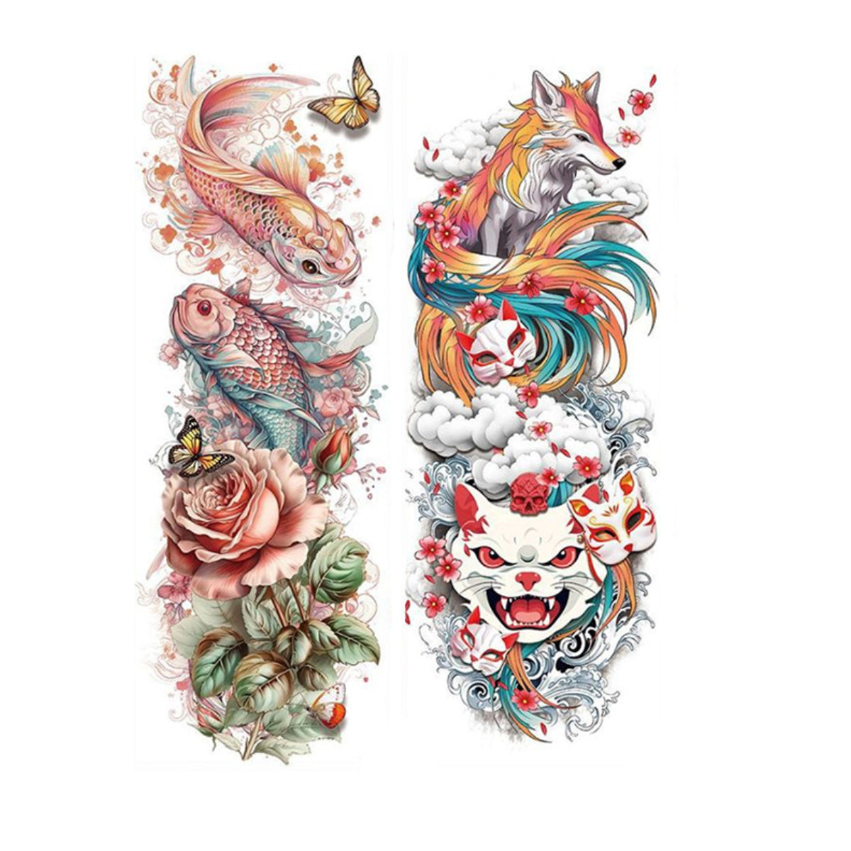 2 Sheets Watercolor Fish Fox Samurai Skull Full Arm Sleeves