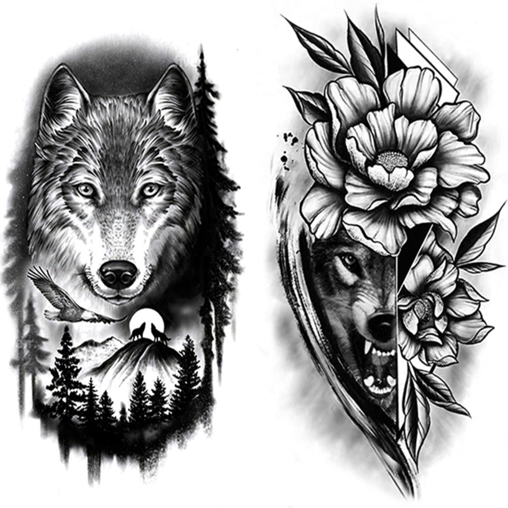 2 Sheets Black Wolf Flower Temporary Tattoo Sticker