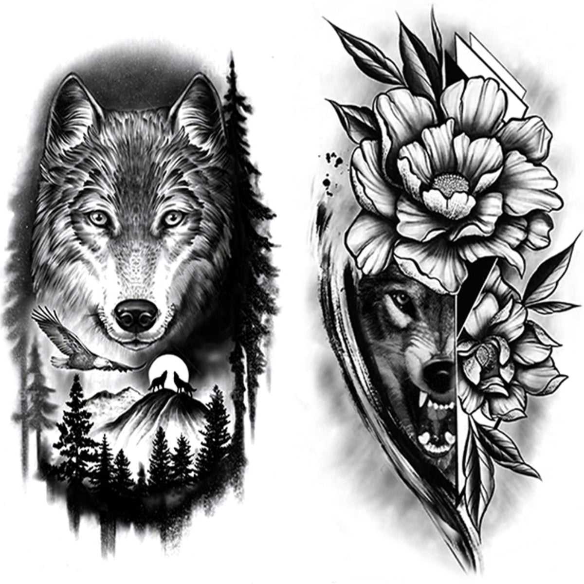 2 Sheets Black Wolf Flower Temporary Tattoo Sticker