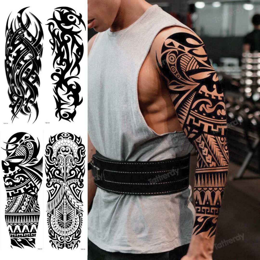 2 Sheets Full Arm Sleeve Maori Temporary Tattoos Realistic Thorns Totem Waterproof Tattoo Stickers Arm Body