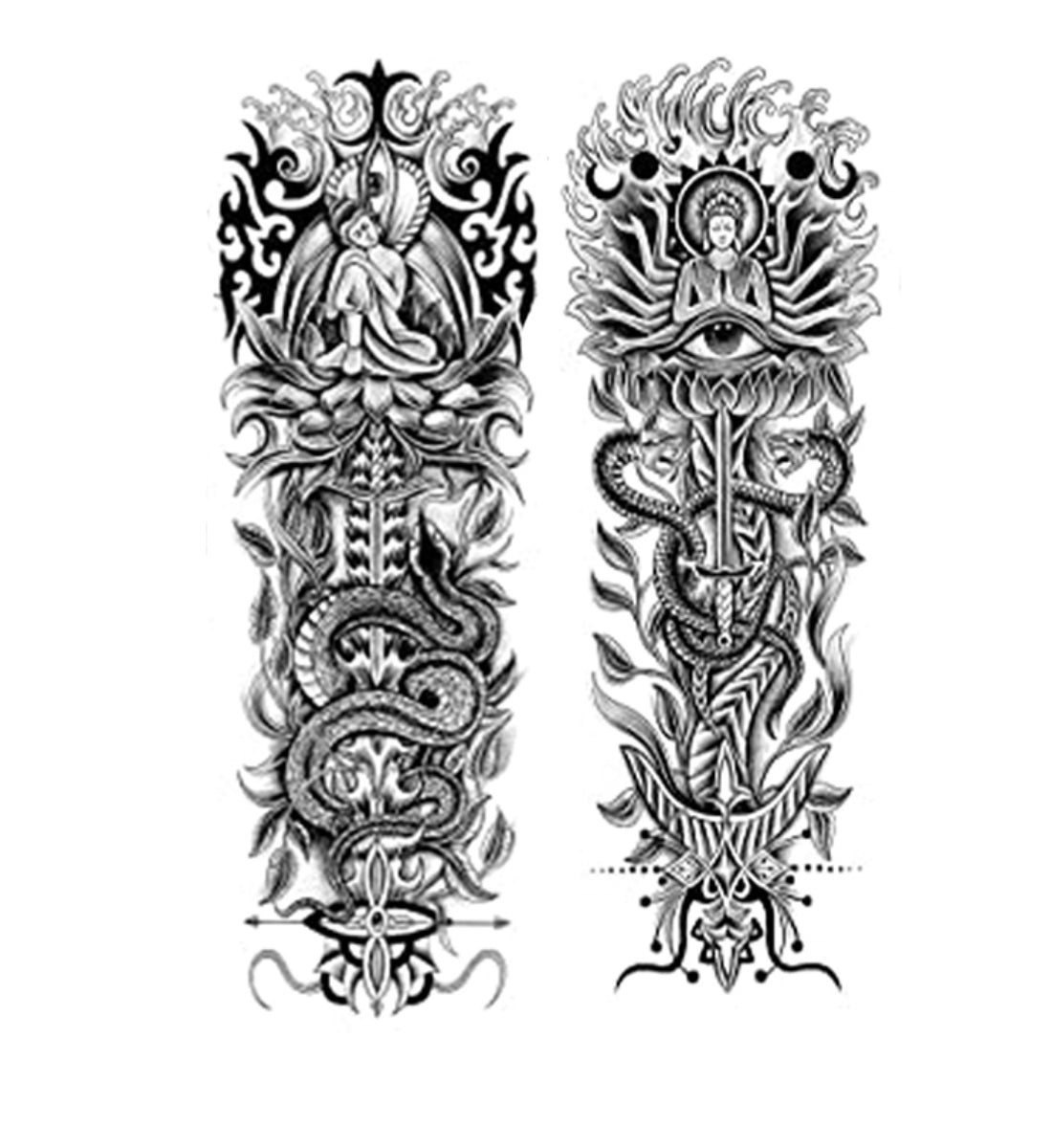 2 Sheets Large Full Arm Temporary Tattoo - Sword Snake Dragon Buddha Cross Star Scorpion Eye Guanyin