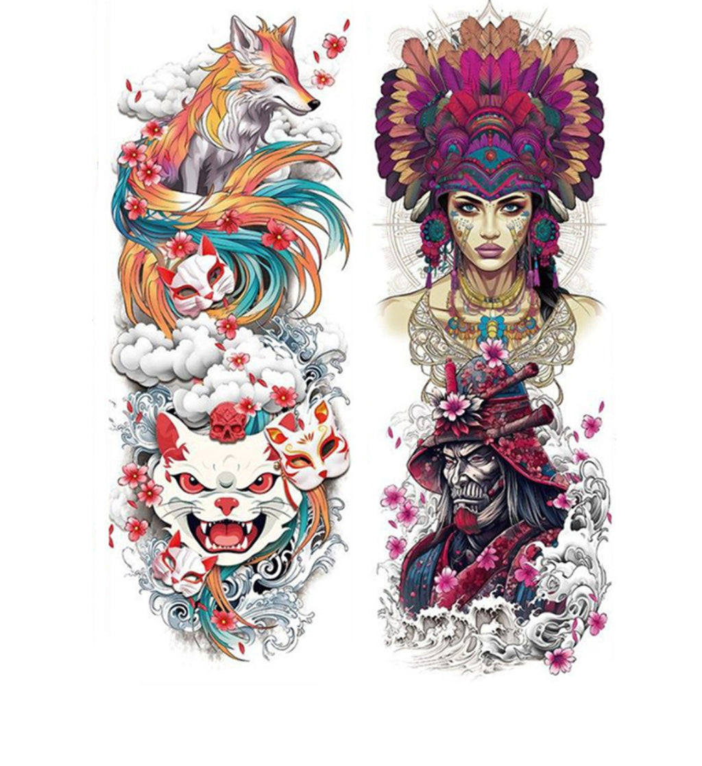 2 Sheets Watercolor Fish Fox Samurai Skull Full Arm Sleeves