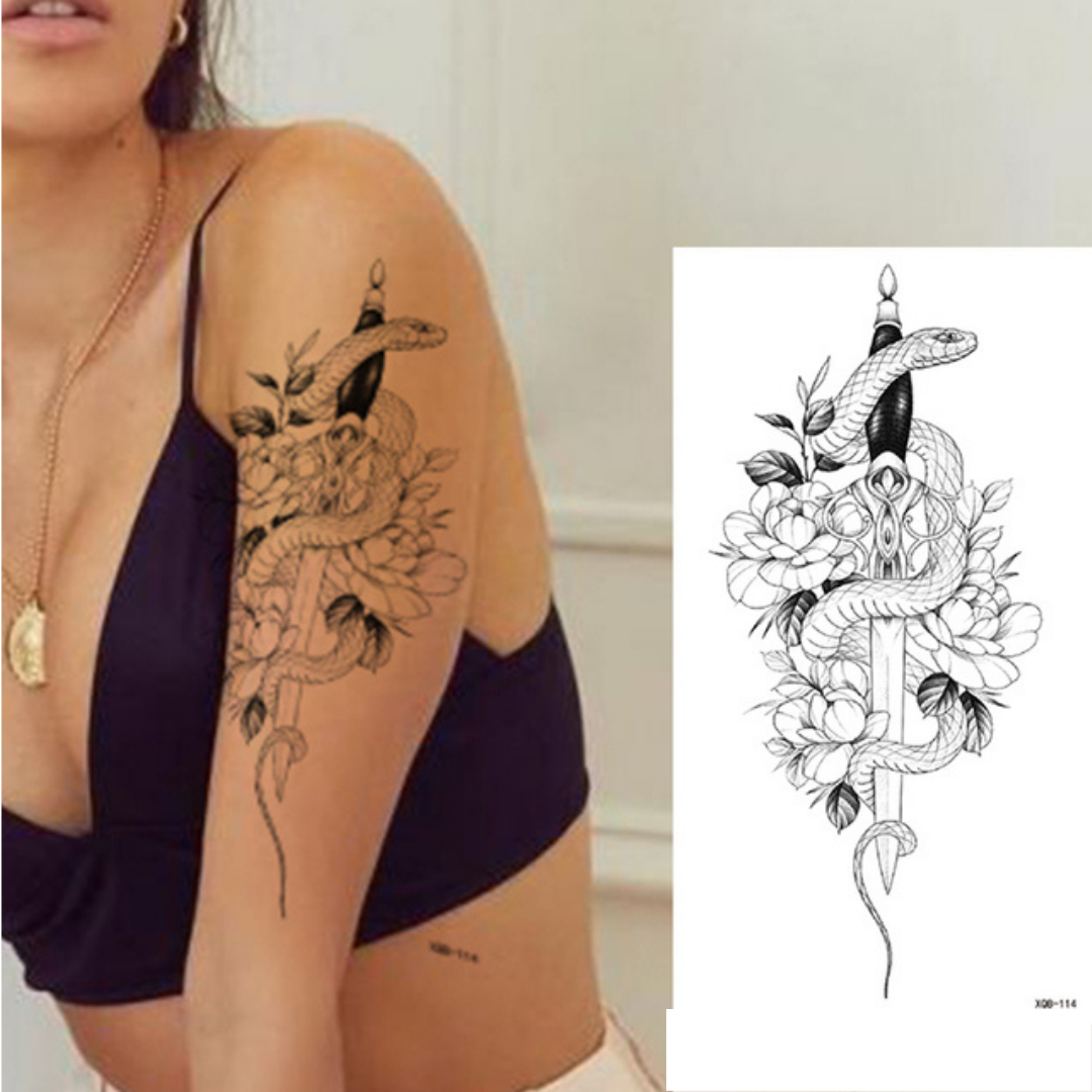 2 Sheets Black Arrow Compass Feather Dragon Anchor Sword Snake Tree Flower Temporary Tattoos for Arm
