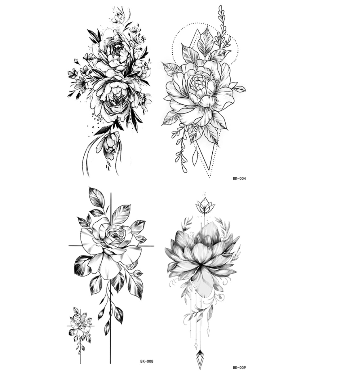 4 Sheets Black Penoy flower Sketch Temporary Tattoo Sticker