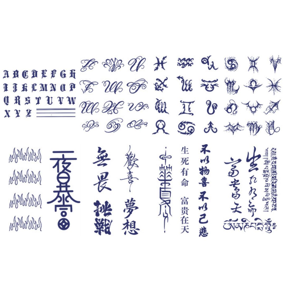 4 Sheets Large Letter Zodiac Sign Chinese Character Semi-Permanent Tattoo Stickers