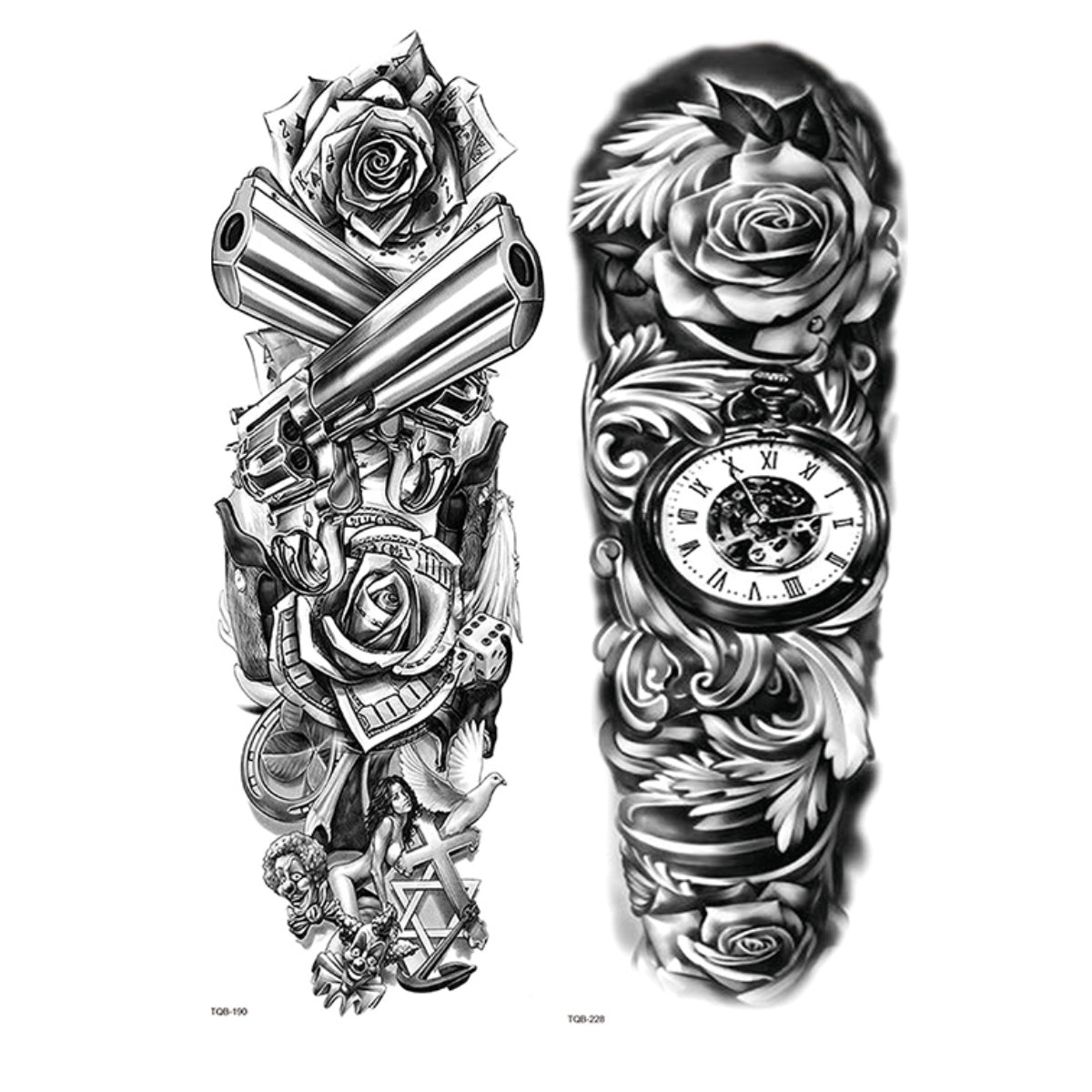 2 Sheets Skull Star Rose Gun Full Arm Sleeves
